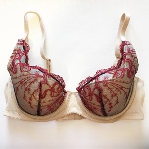 Anthropologie | Morgan De Toi red sheer embroidery lace nude bra 34C
